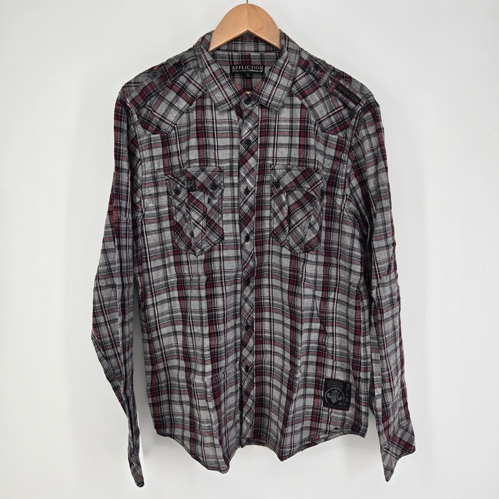 Affliction Button Up Shirt Men L Gray Red Plaid Embroidered Skull Western